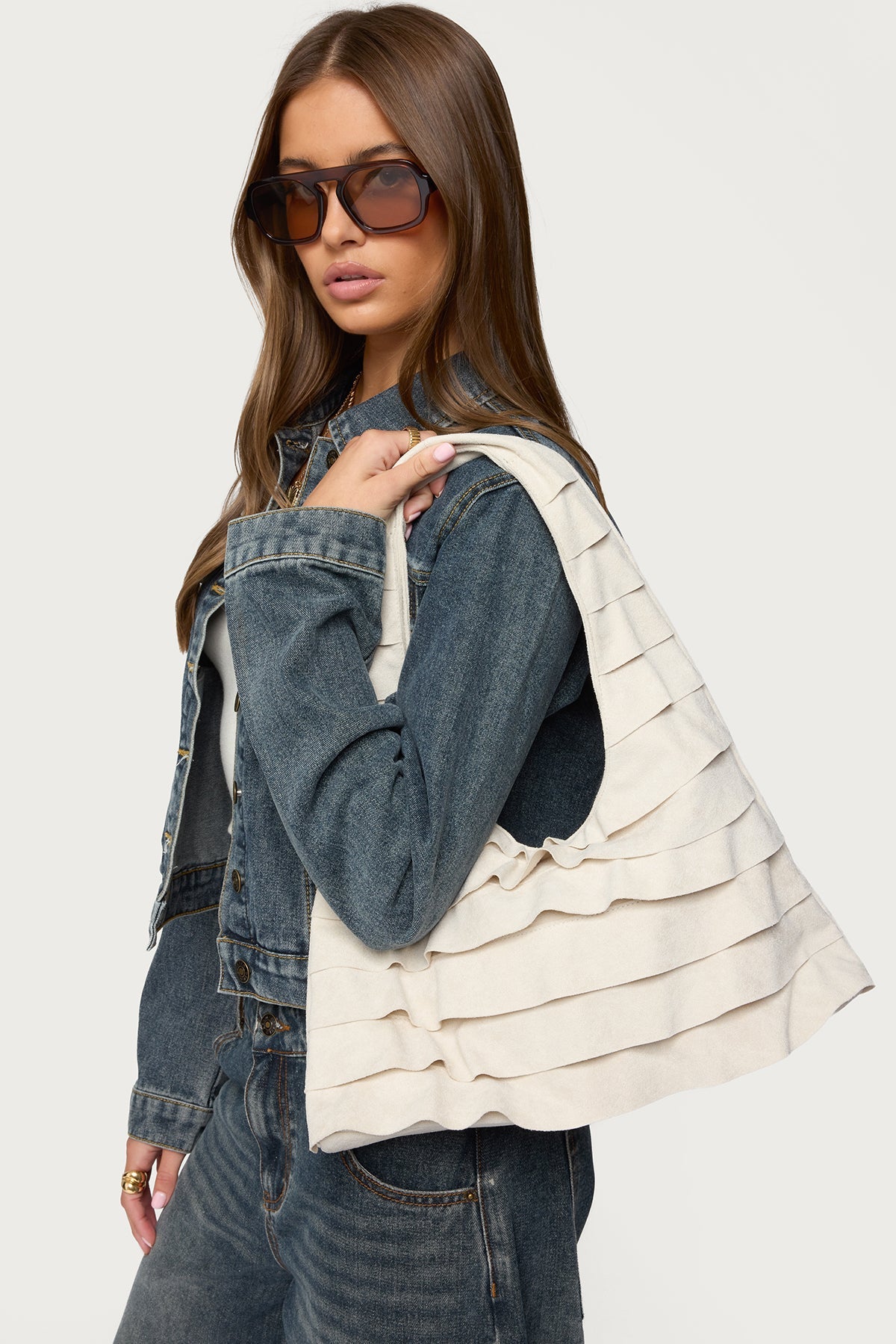 Ruffled Faux Suede Shoulder Bag
