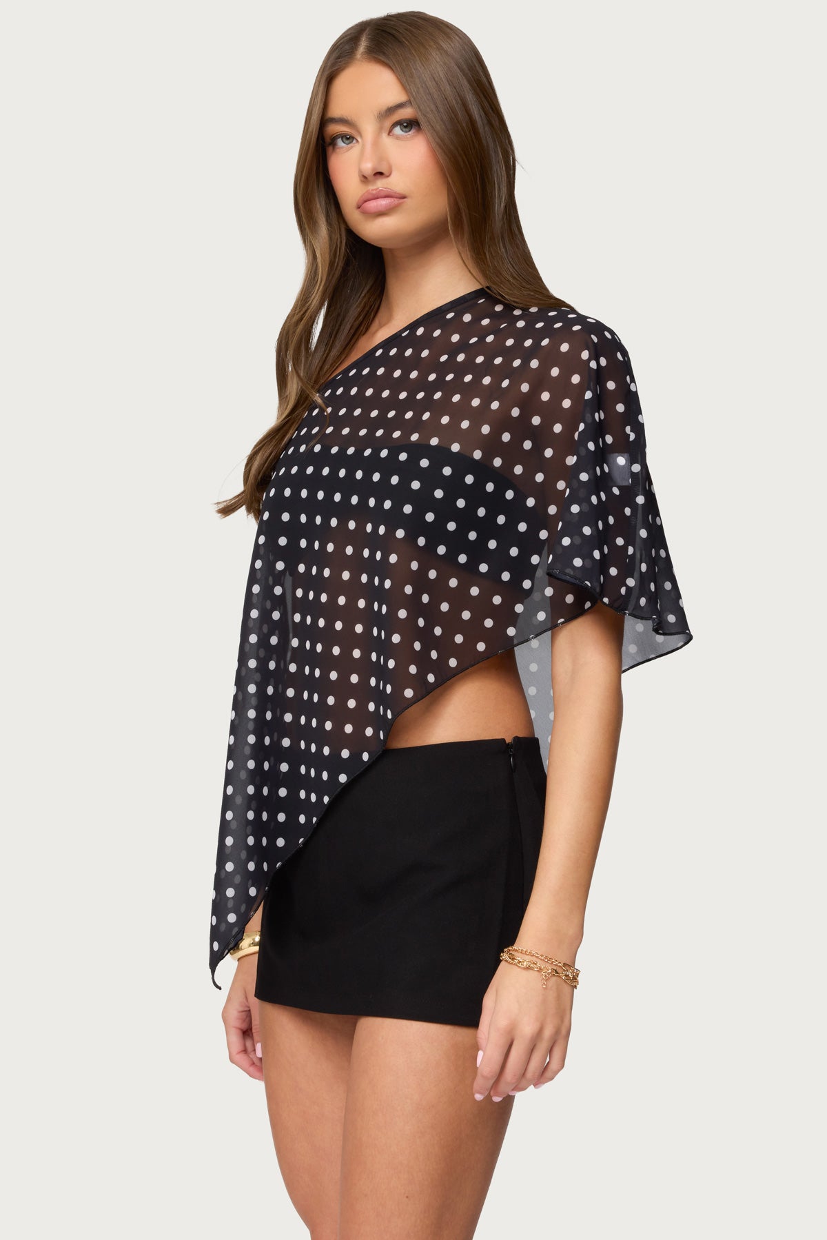 Sheer Chiffon Asymmetric Polka Dot Poncho