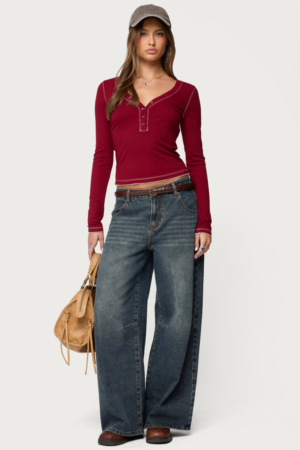 Yael Contrast Stitch Henley Top view 2