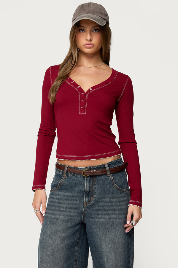 Yael Contrast Stitch Henley Top view 1