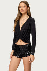 Draped V Neck Long Sleeve Top