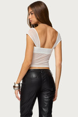 Sheer Mesh & Satin Effect Cutout Top