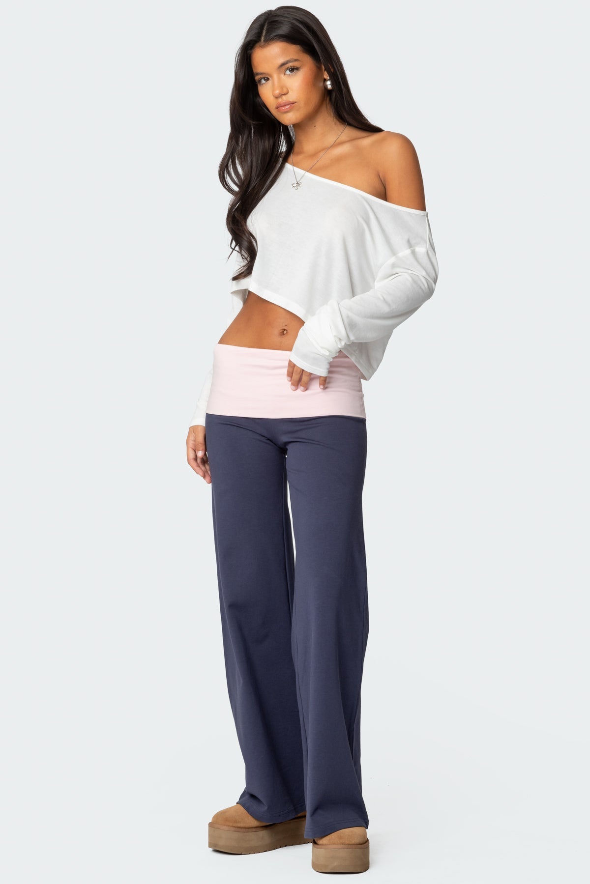 Wide Leg Contrast Foldover Trousers