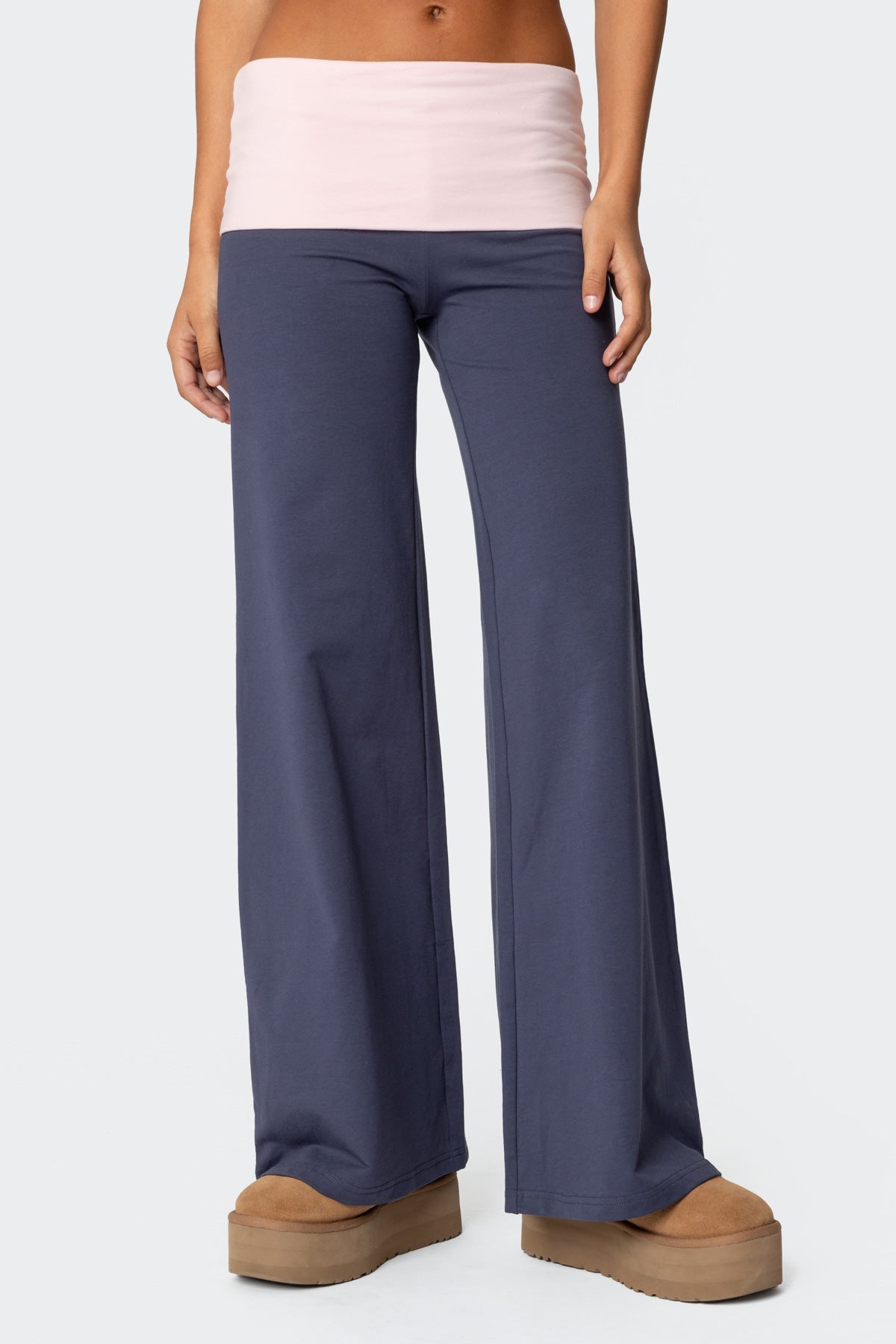 Wide Leg Contrast Foldover Trousers