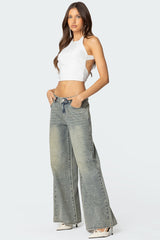 Rhinestone Washed Low Rise Baggy Jeans