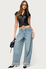 Faux Leather Tailored Button Up Top