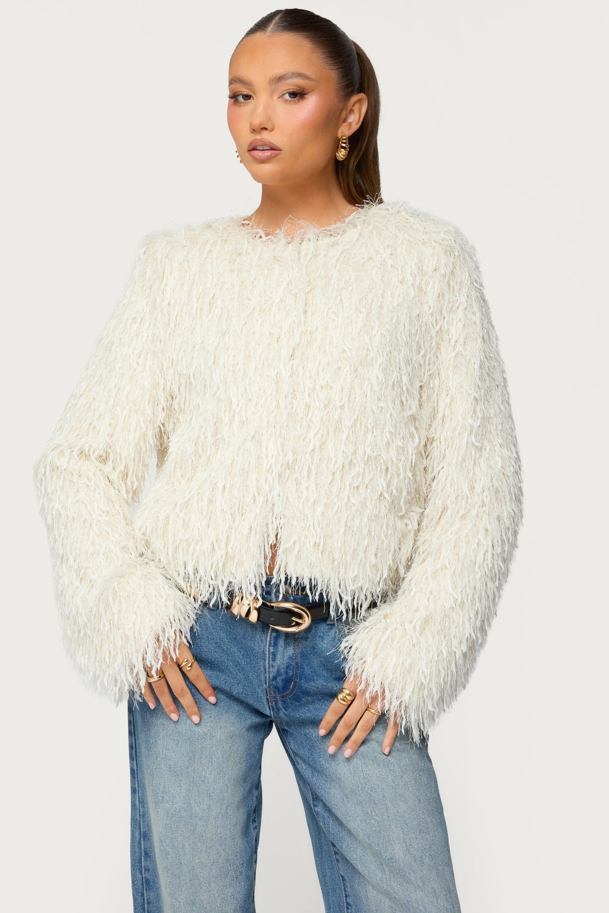 Aleandra Fringed Faux Feather Jacket