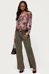 Off Shoulder Printed Sheer Mesh Top
