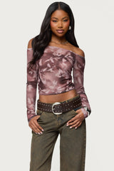 Off Shoulder Printed Sheer Mesh Top