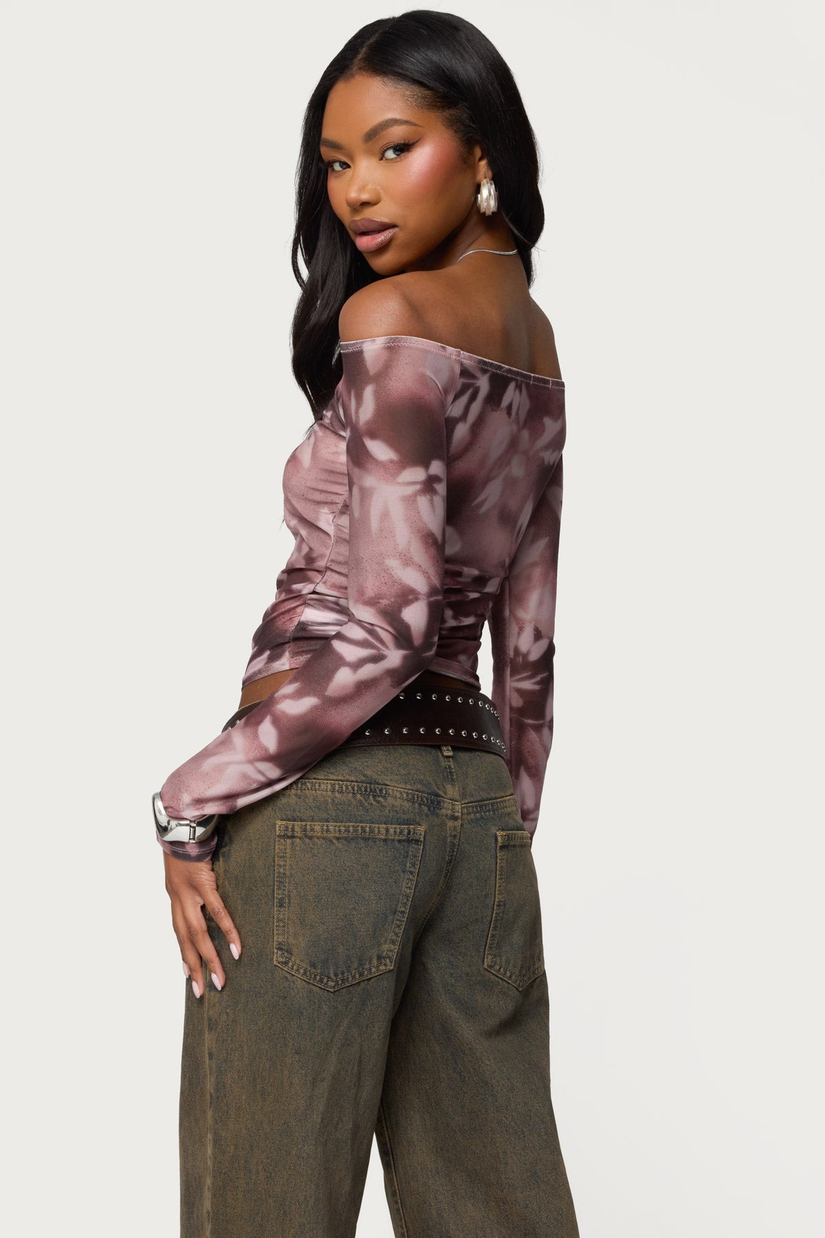 Off Shoulder Printed Sheer Mesh Top