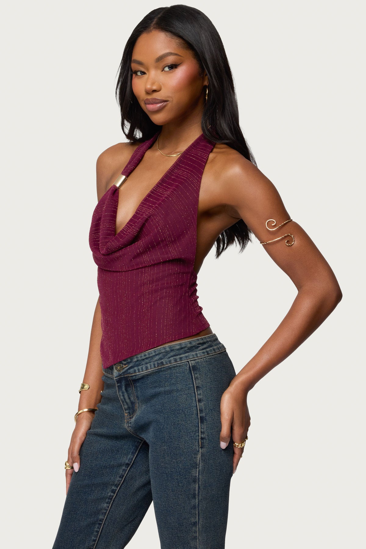 Mimi Asymmetric Textured Mesh Halter Top