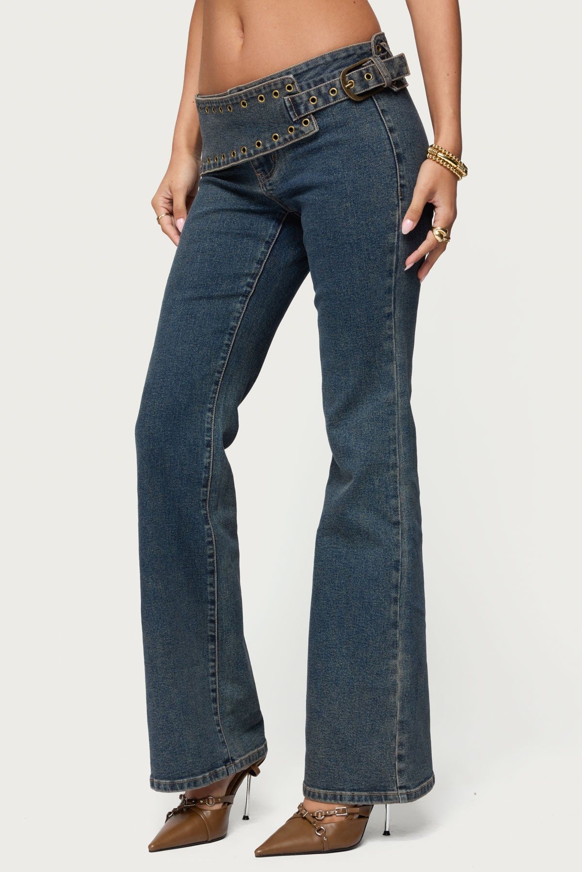 Asymmetric Grommet Belt Low Rise Flared Jeans