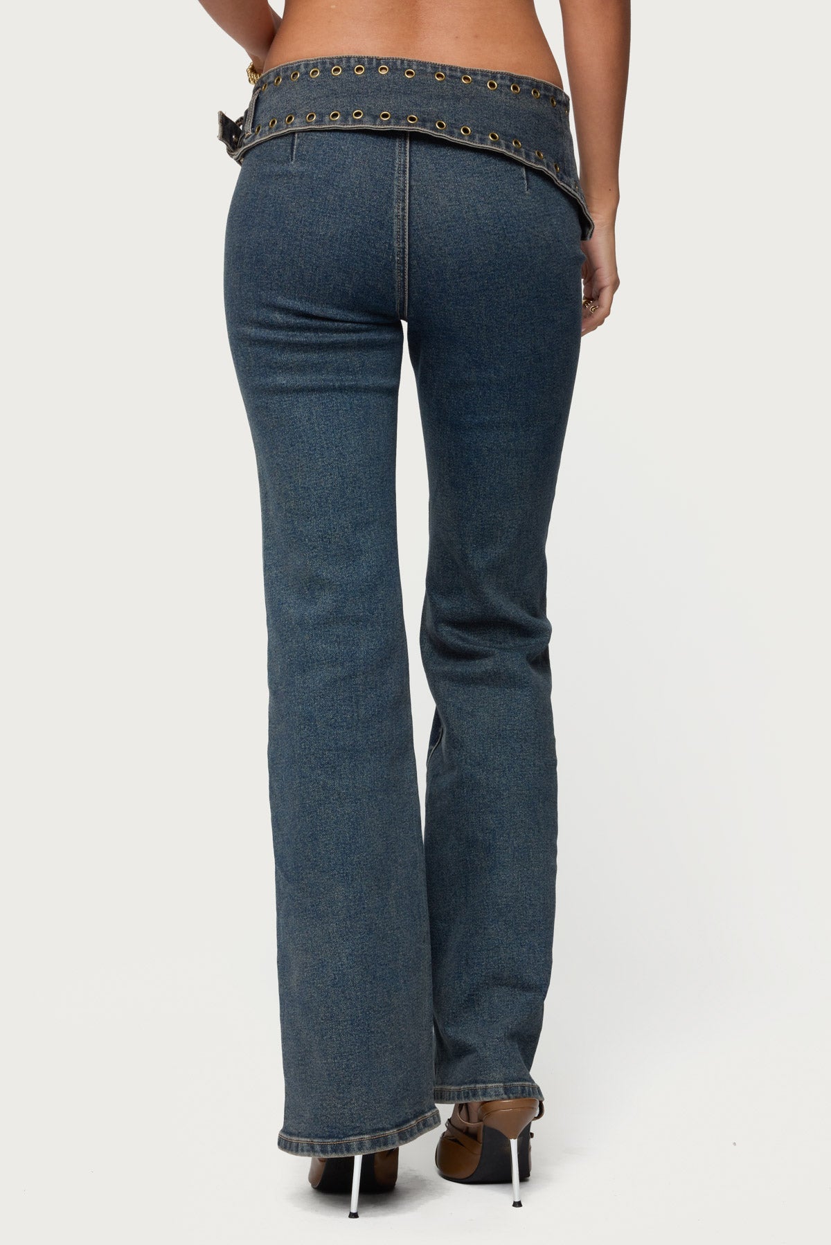 Asymmetric Grommet Belt Low Rise Flared Jeans