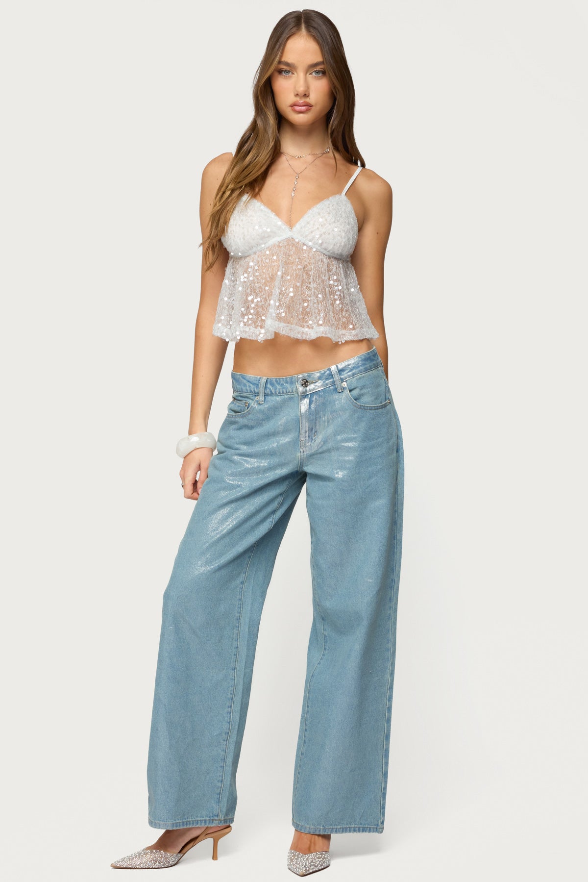 Sheer Sequin Babydoll Tank Top