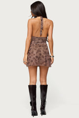 Ruched Printed Mesh Mini Dress