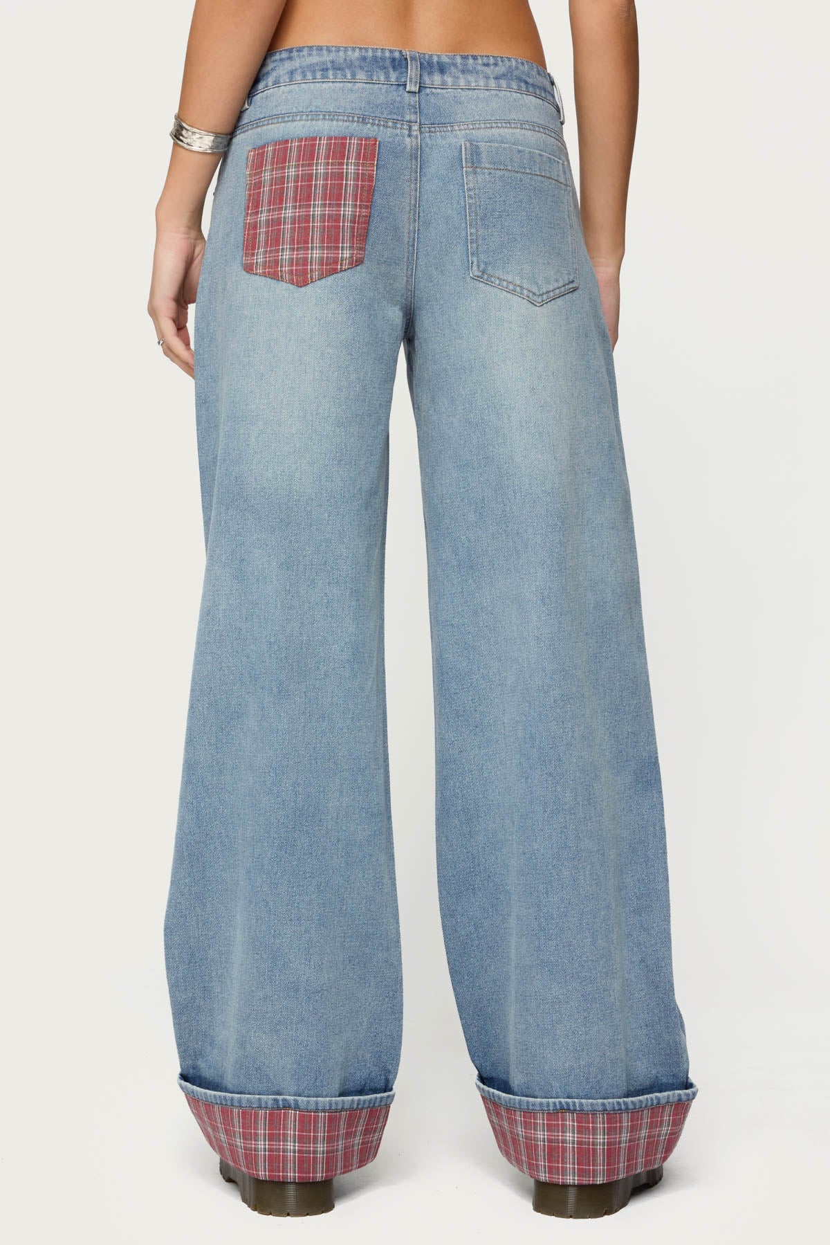 Plaid Cuffed Low Rise Baggy Jeans