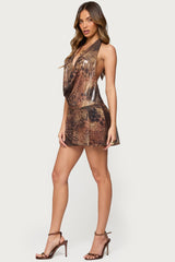 Printed Mesh Metallic Cowl Neck Mini Dress