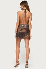 Printed Mesh Metallic Cowl Neck Mini Dress