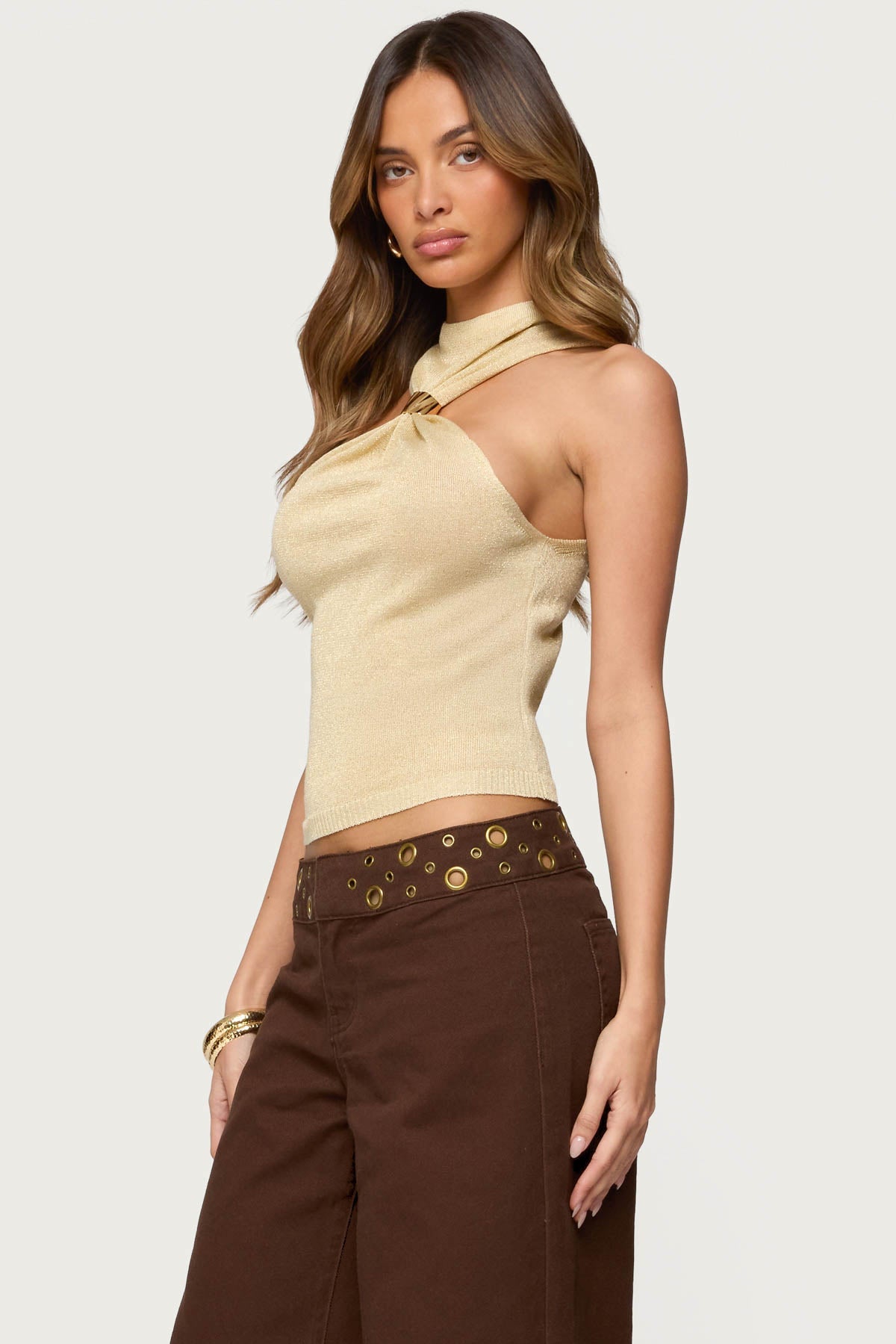 Nalia Gathered Ring Glitter Knit Top