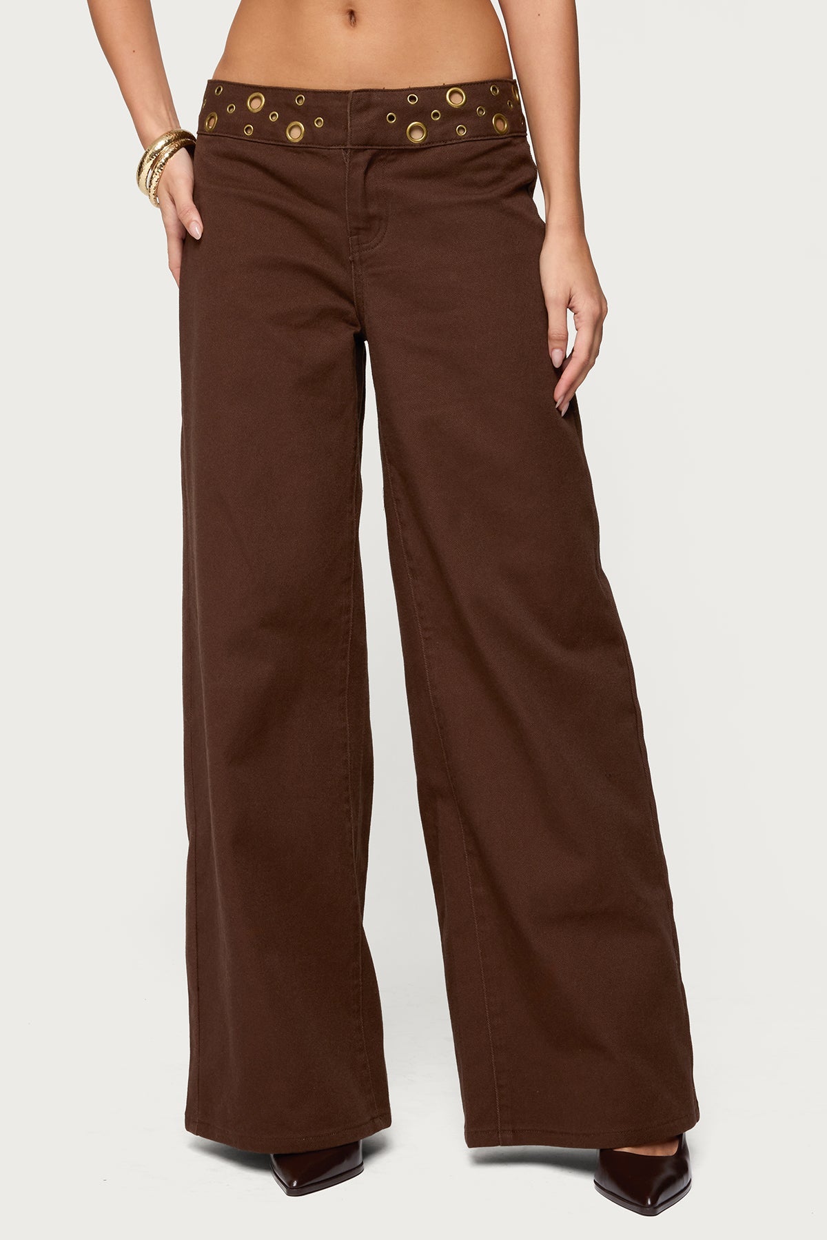 Mixed Grommet Low Rise Wide Leg Jeans