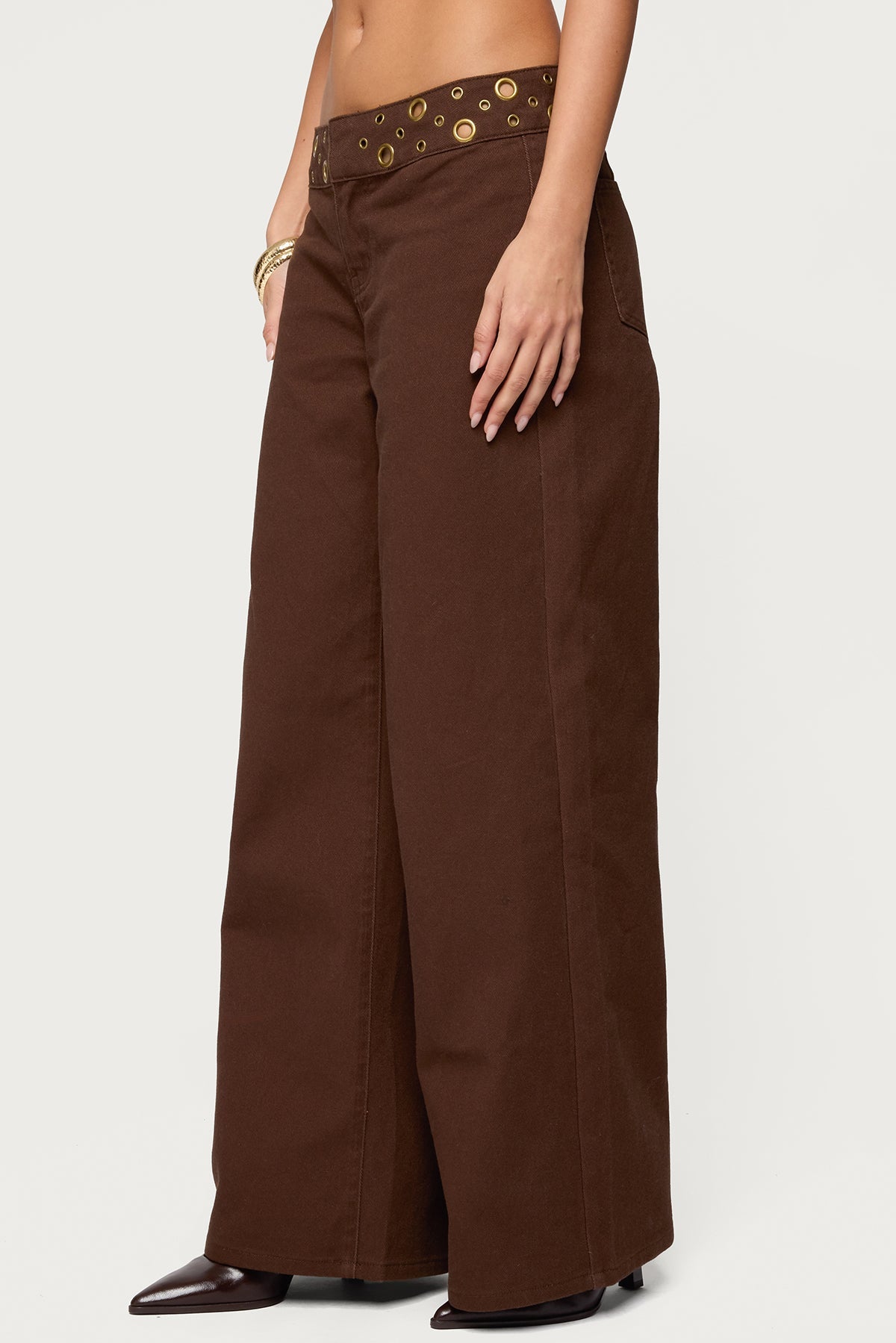 Mixed Grommet Low Rise Wide Leg Jeans