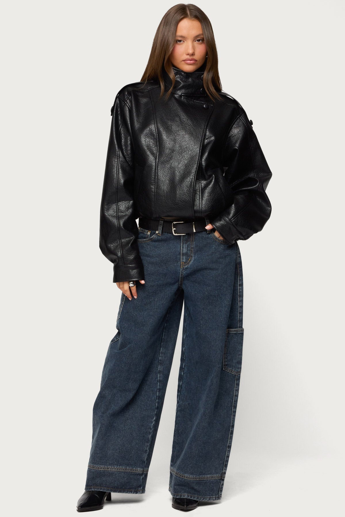 Jaicee High Neck Oversized Faux Leather Jacket