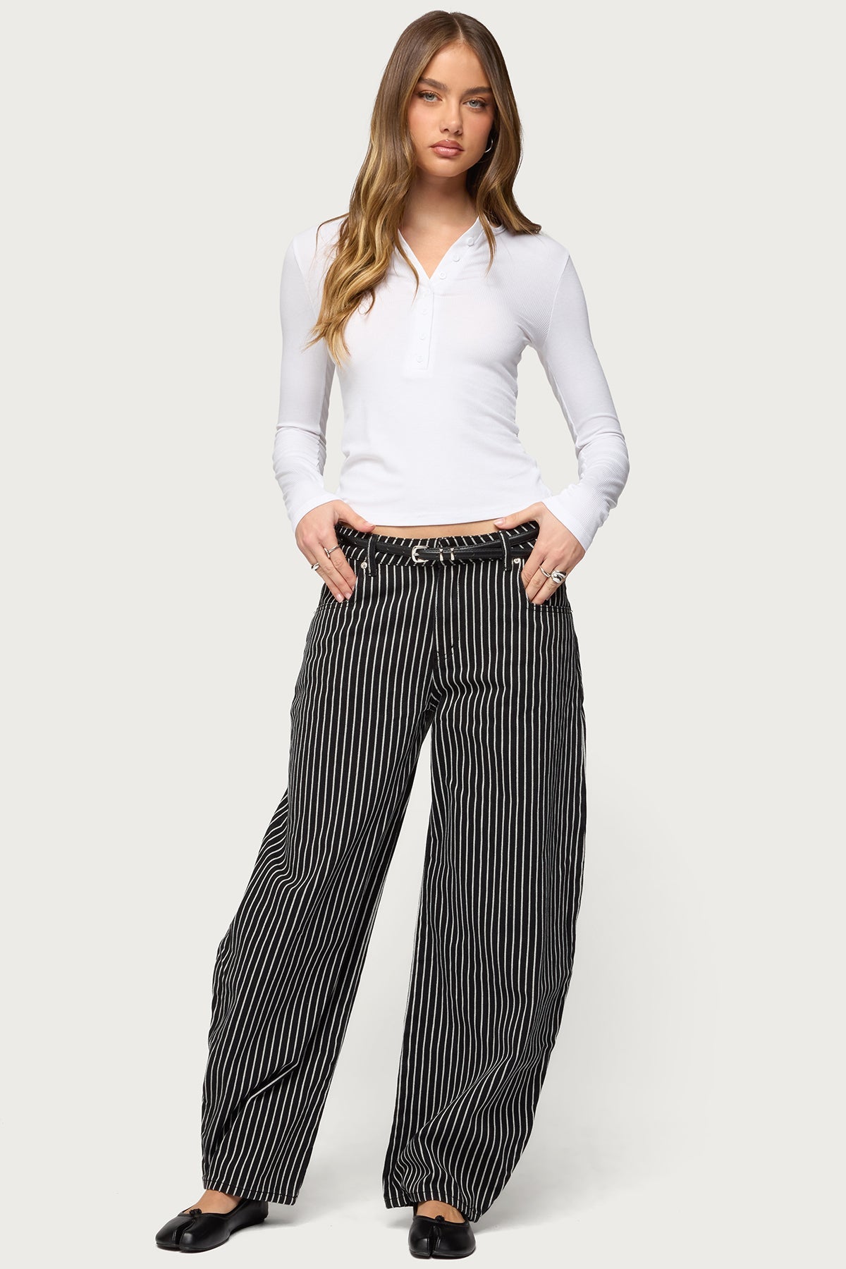 Pinstripe Low Rise Barrel Leg Jeans