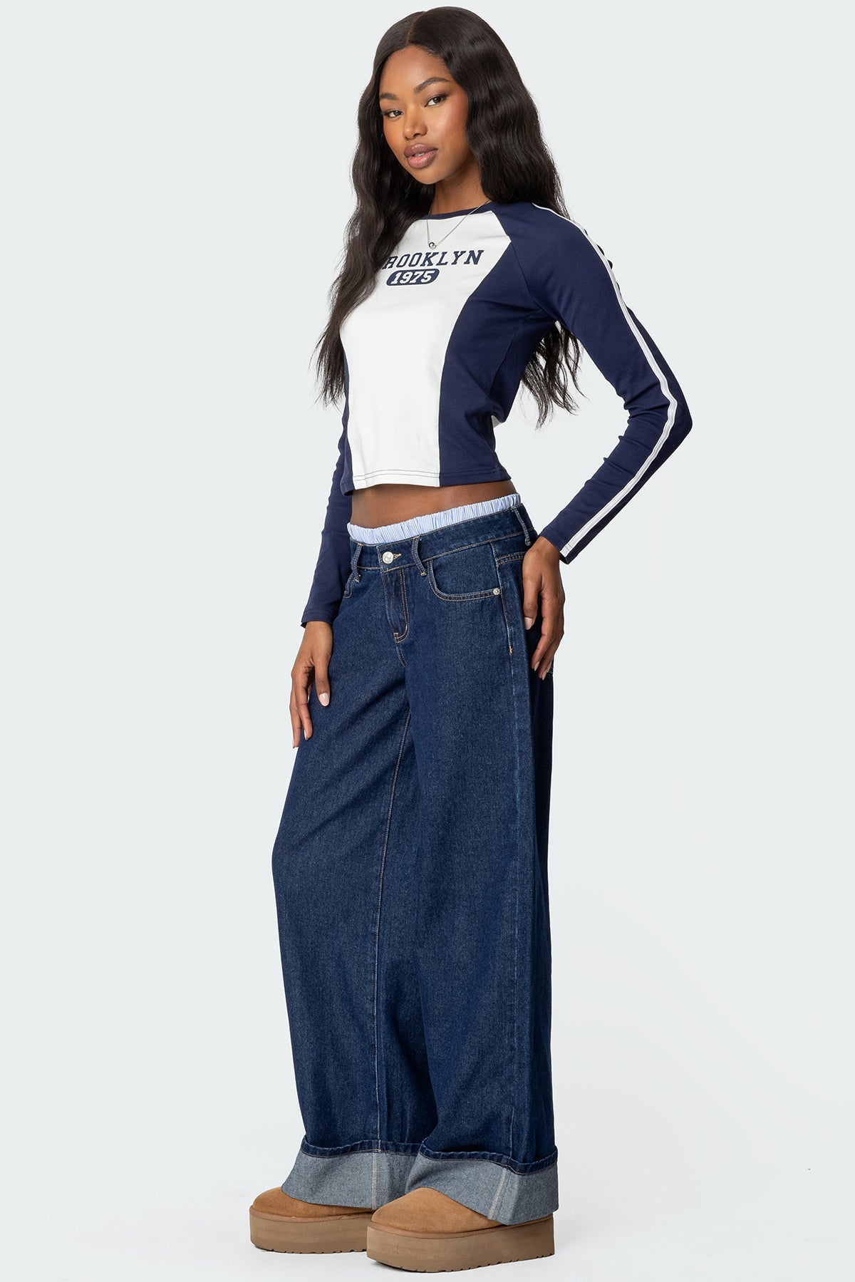 Striped Boxer Detail Low Rise Baggy Jeans