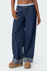 Striped Boxer Detail Low Rise Baggy Jeans