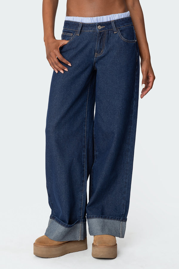 Striped Boxer Detail Low Rise Baggy Jeans