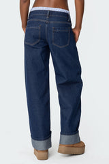 Striped Boxer Detail Low Rise Baggy Jeans