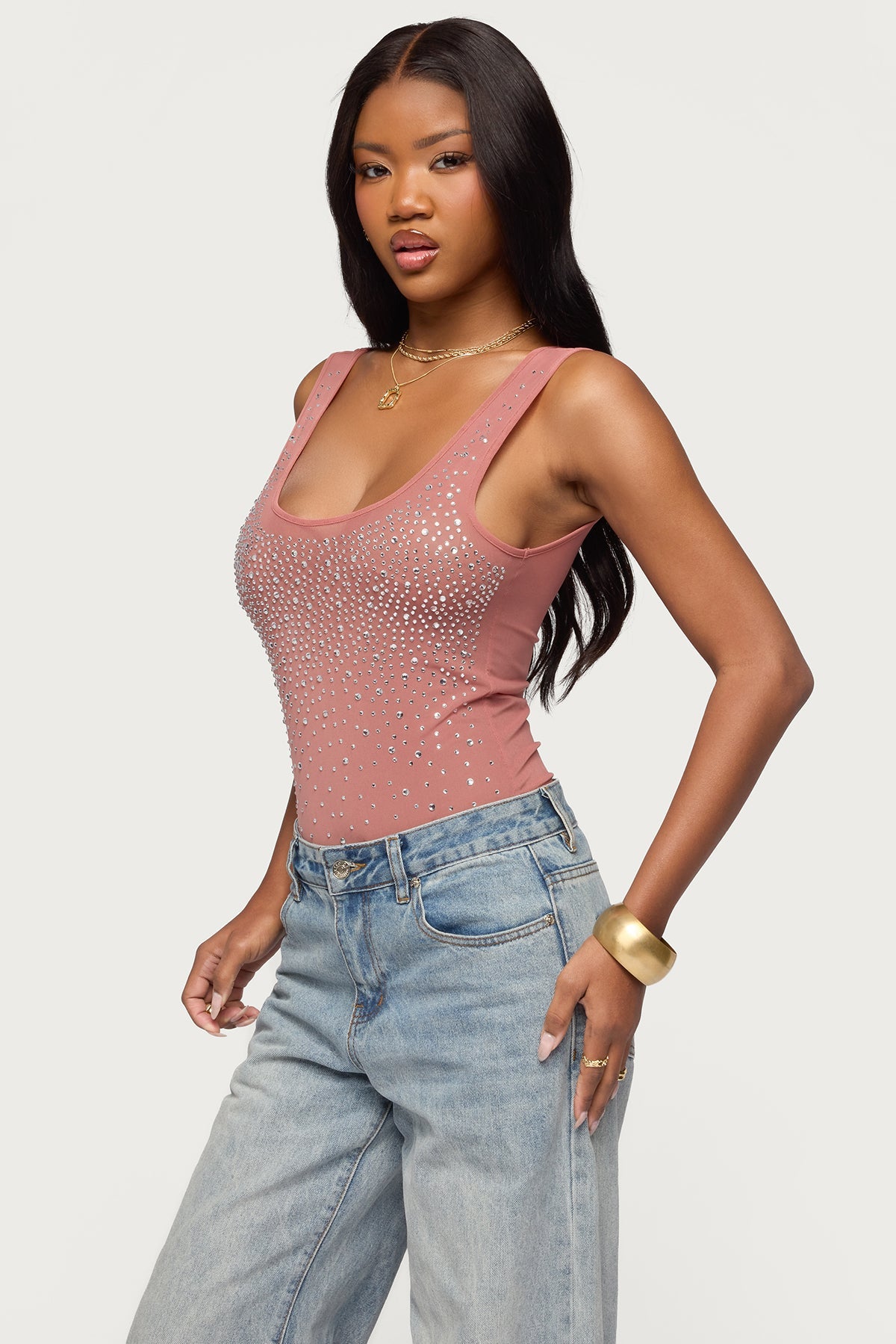 Angelita Rhinestone Sheer Mesh Bodysuit