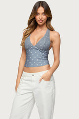 Lacey Polka Dot Lace Up Halter Top