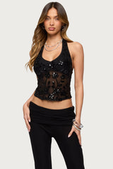 Bead & Sequin Sheer Mesh Halter Top