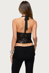 Bead & Sequin Sheer Mesh Halter Top