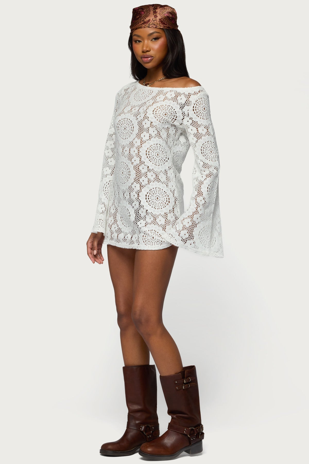 Off Shoulder Sheer Lace Mini Dress