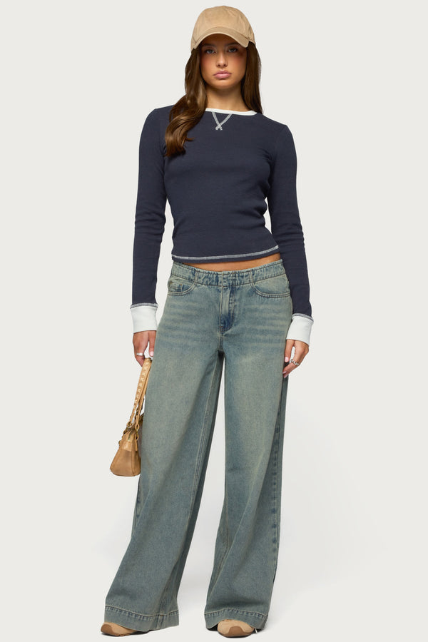 Rora Contrast Long Sleeve Waffle Top view 2