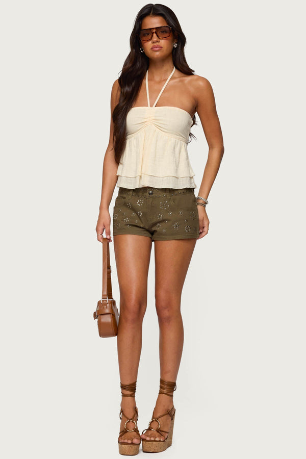 Layered Linen Look Babydoll Halter Top