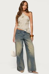 Beaded Sequin Asymmetric Halter Top