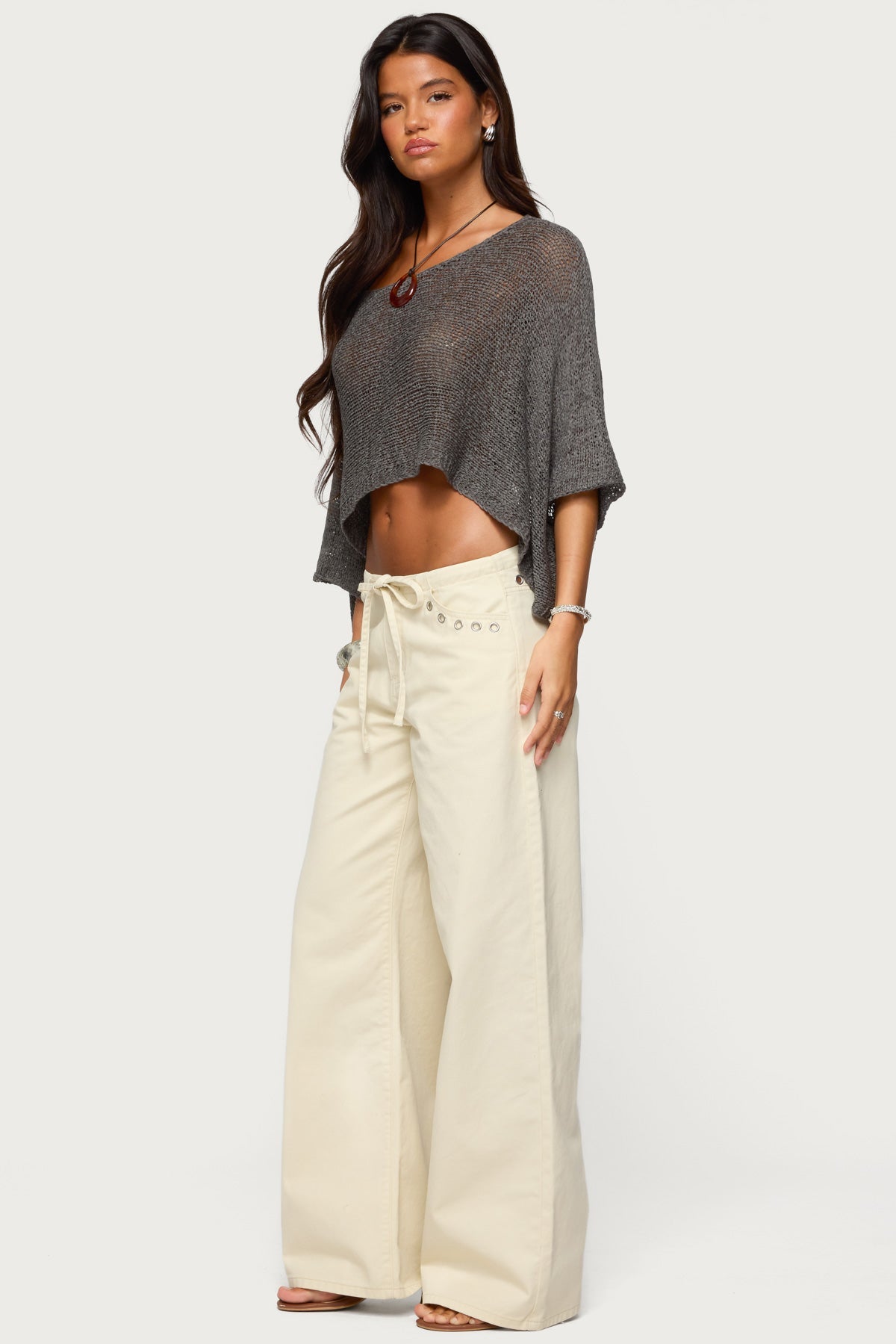 Grommet Tie Waist Low Rise Baggy Jeans