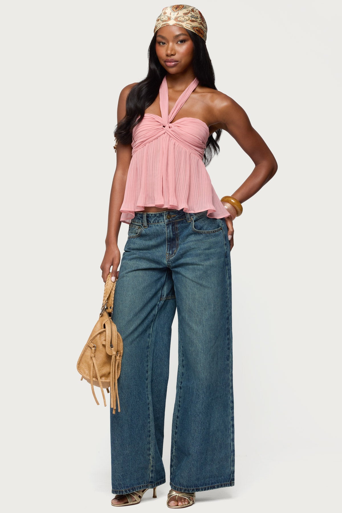 Pleated Chiffon Babydoll Halter Top