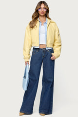 Zayna Cropped Faux Leather Bomber Jacket