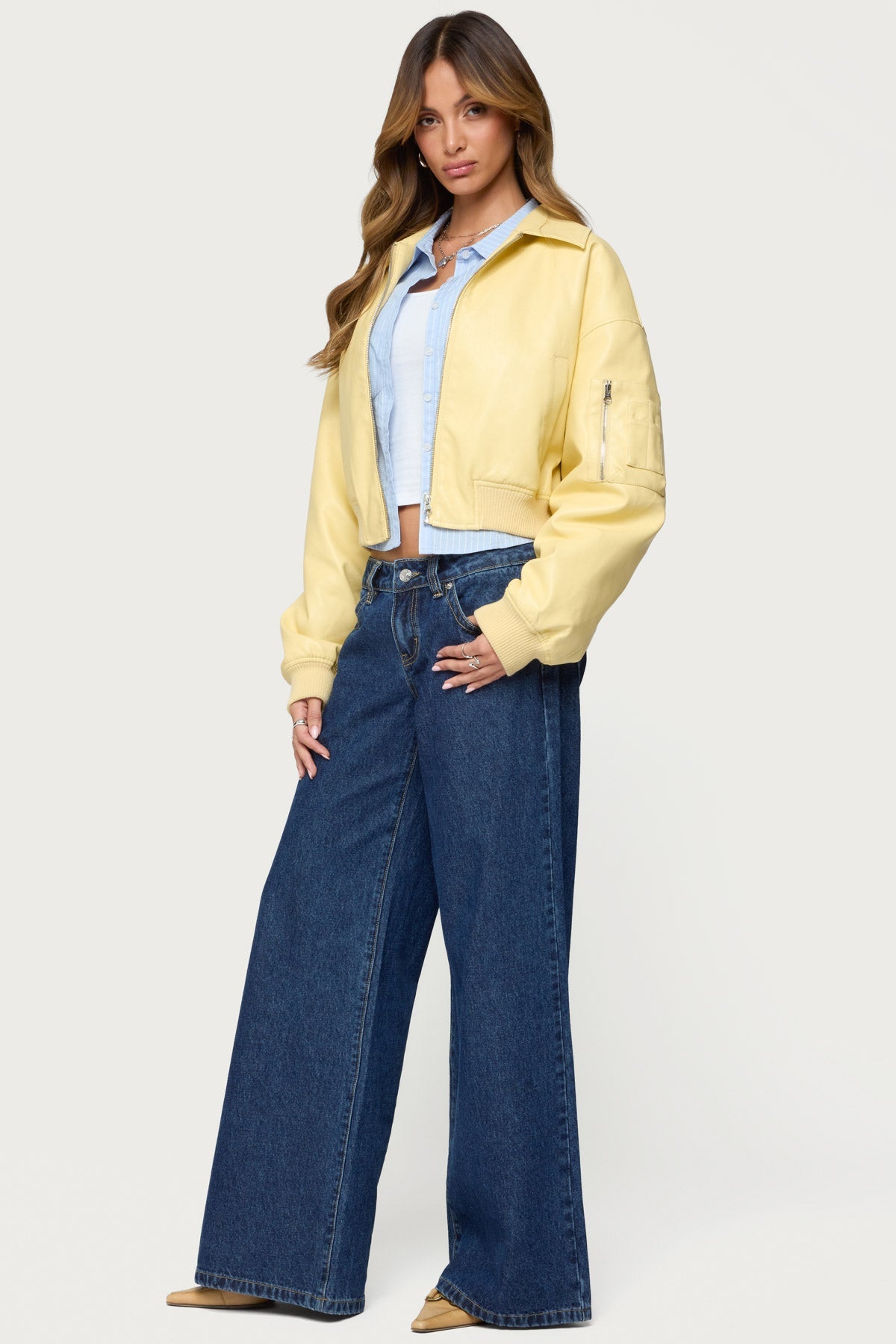 Zayna Cropped Faux Leather Bomber Jacket