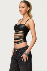 Nia Cutout Shredded Faux Leather Top