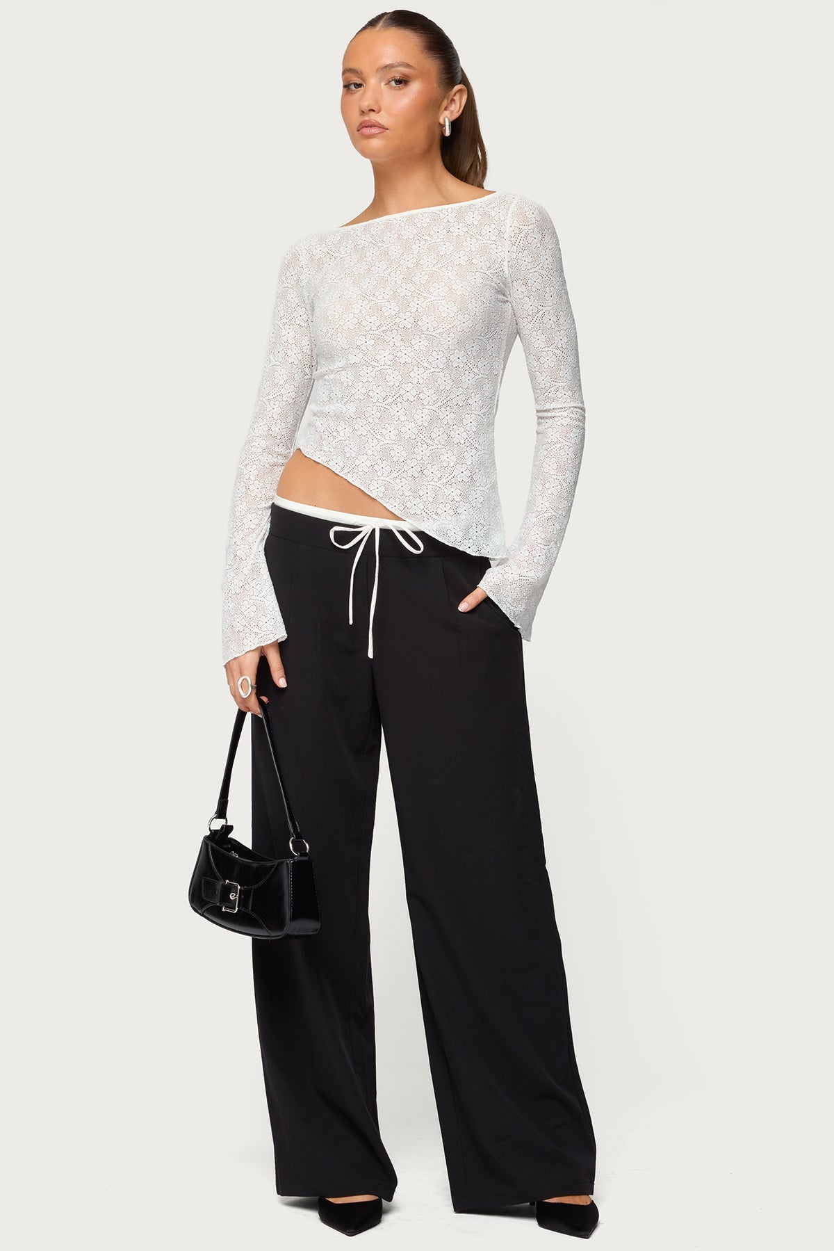Mare Asymmetric Gem Sheer Lace Top