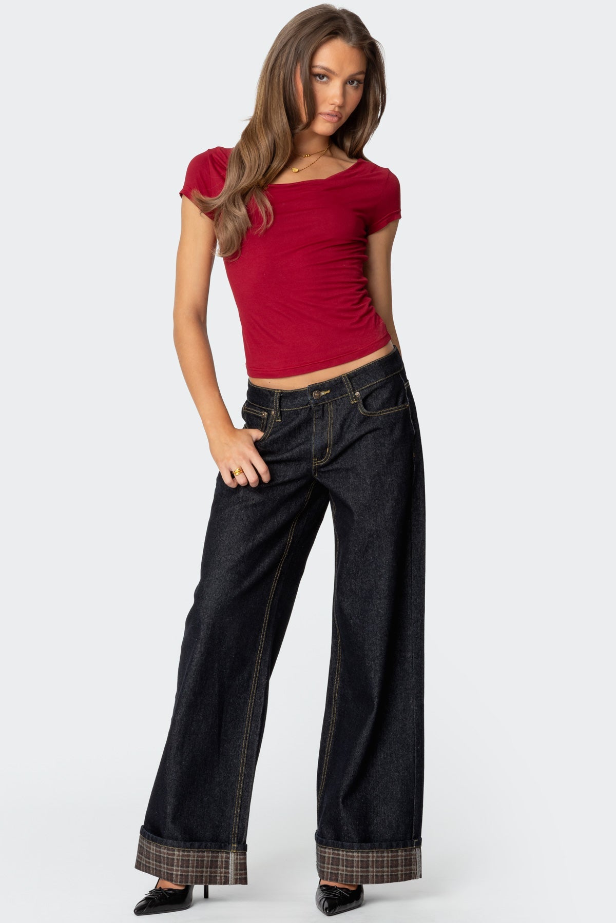 Plaid Cuffed Low Rise Baggy Jeans