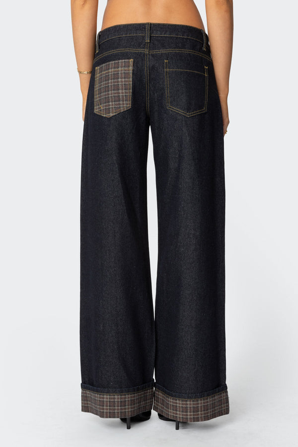 Plaid Cuffed Low Rise Baggy Jeans