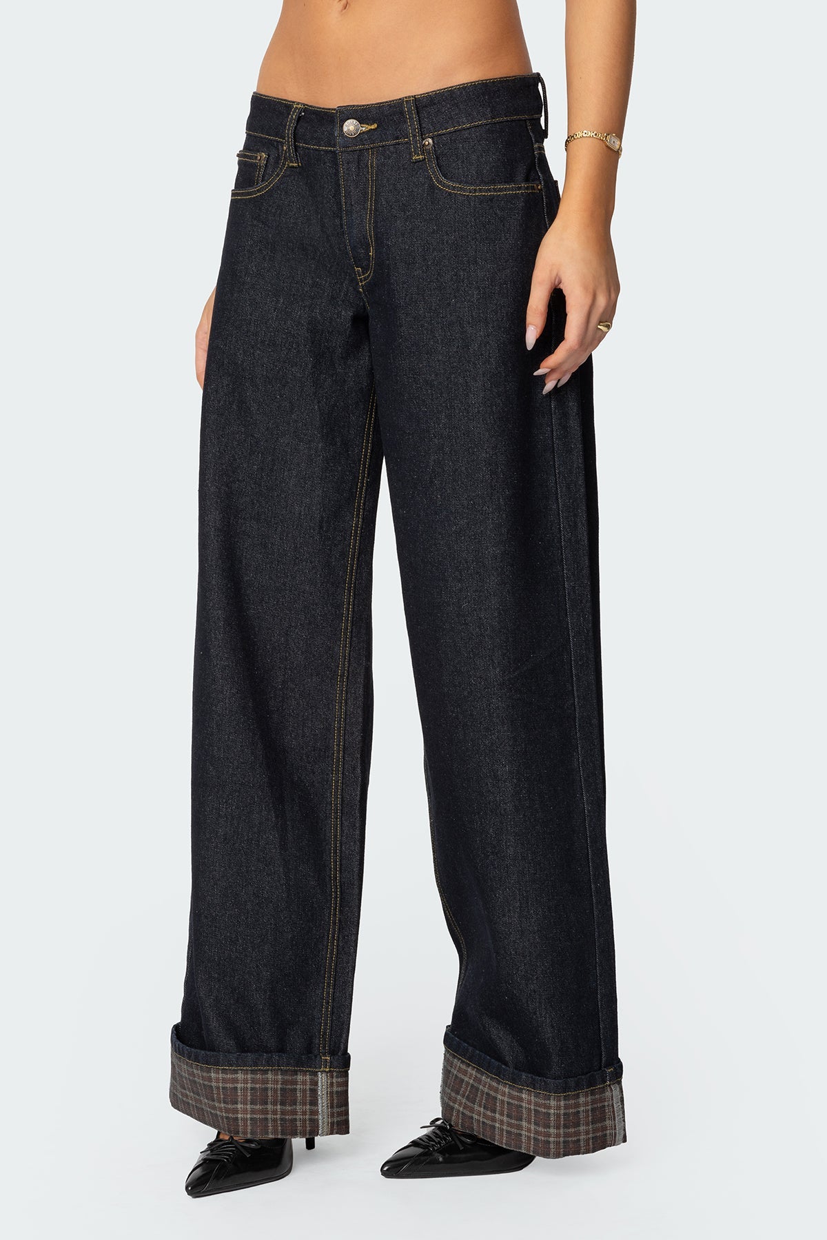 Plaid Cuffed Low Rise Baggy Jeans