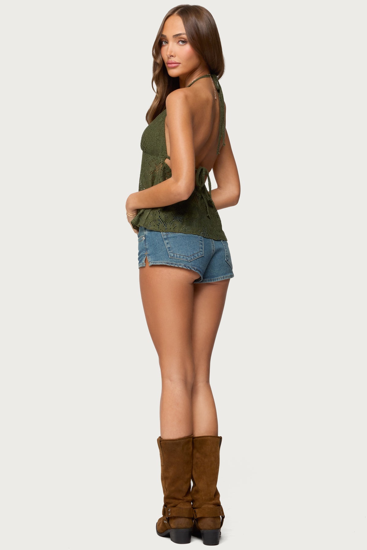 Sheer Crochet Babydoll Halter Top