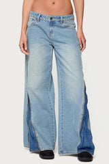 Zippered Washed Low Rise Wide Leg Jeans